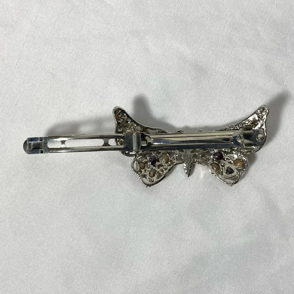 Metal Silver Curlicue Butterfly Barrette with Purple and Brown Glittery Stones - Picture 4 of 9